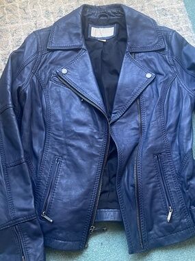 Navy Michael Kors Leather Biker Jacket (L)